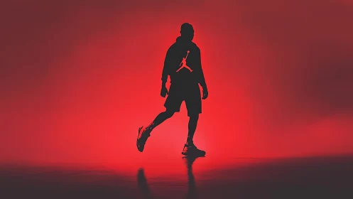 Silhouetted basketball player strides through red neon haze.