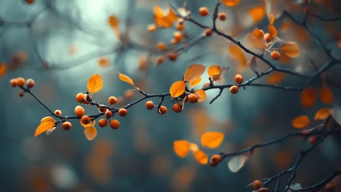 Autumn Branch with Orange Leaves and Berries in Soft Focus Style.