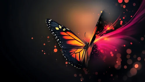 Luminous monarch butterfly with neon particle wake dynamics.