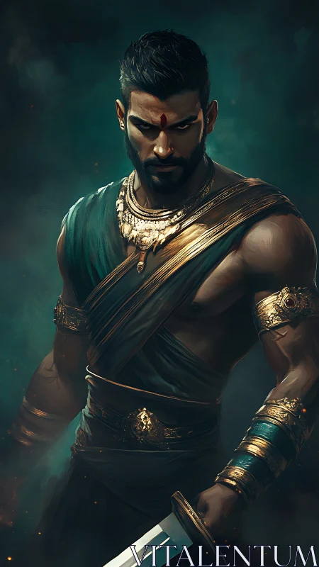 Warrior portrait with gilded armor, teal drapery, short sword