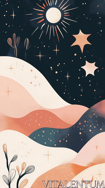 Stylized desert hills with sun, stars, and night sky.