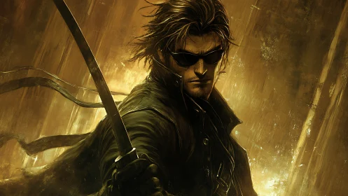 Sword-wielding man in dark coat stands before glowing gold background