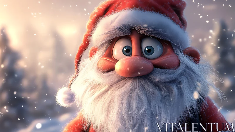 Warm-hearted cartoon Santa smiles in a softly falling snow