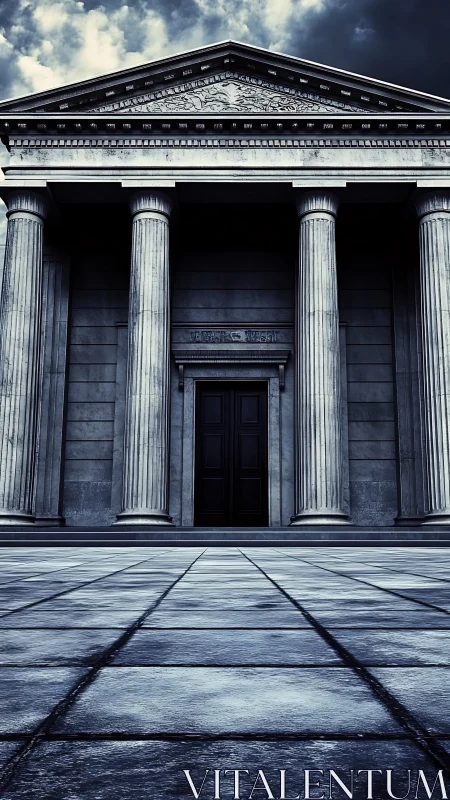 Grand stone courthouse stands calm beneath stormy skies
