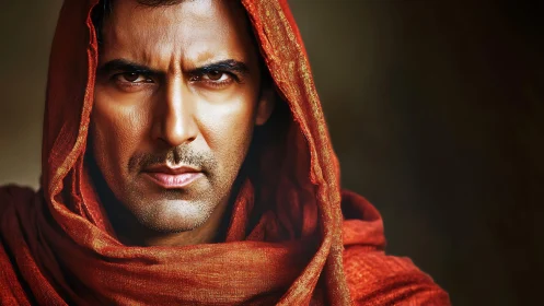 Desert-eyed guardian wrapped in ember-red ceremonial robes.