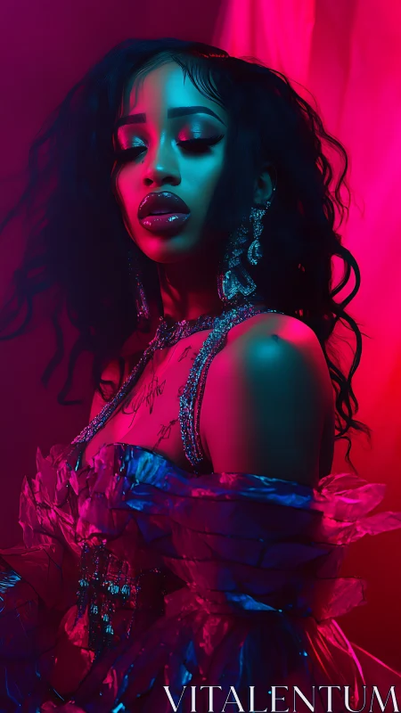 Woman poses in neon pink and teal cinematic studio lighting