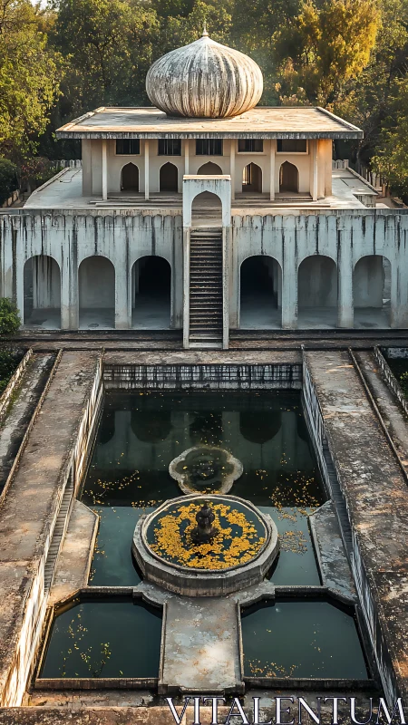 Serene Mughal garden pavilion reflects softly in still water
