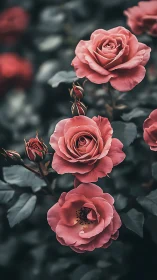 Coral Roses Unfold in Moody Garden Symphony.