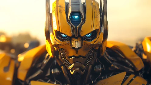 Yellow mechanical robot head is rendered in detailed closeup