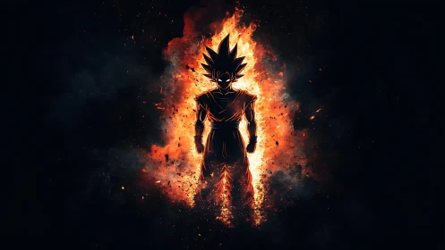 Fiery anime warrior stands blazing against the void night