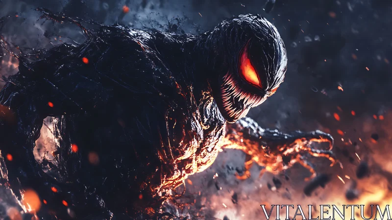 Dark humanoid creature advances through fire and debris