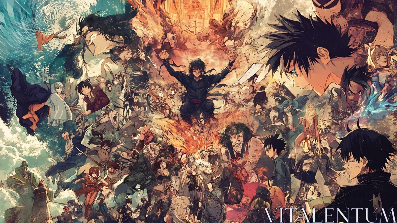 Epic anime heroes surge forward in a swirling battle storm