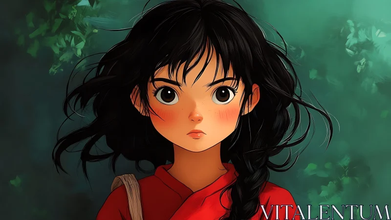 Wind-swept anime girl in red against misty green forest.