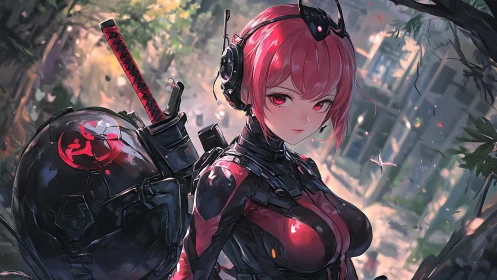 Cybernetic katana operative with tactical exosuit in forest.