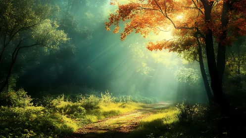 Forest Landscape with Volumetric Light Rays Through Autumn Canopy Structure