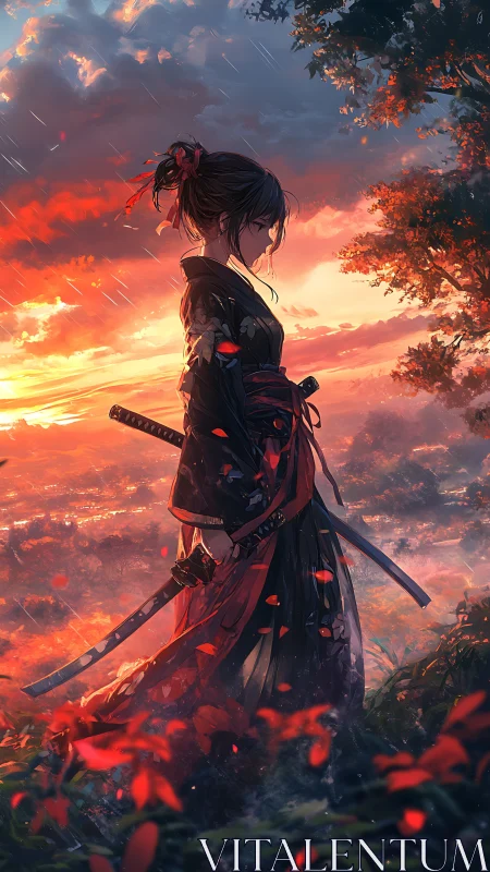 Solitary katana-wielding kunoichi in red-black kimono at dusk