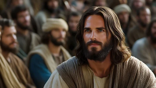 Bearded man in robe sits among group of focused listeners