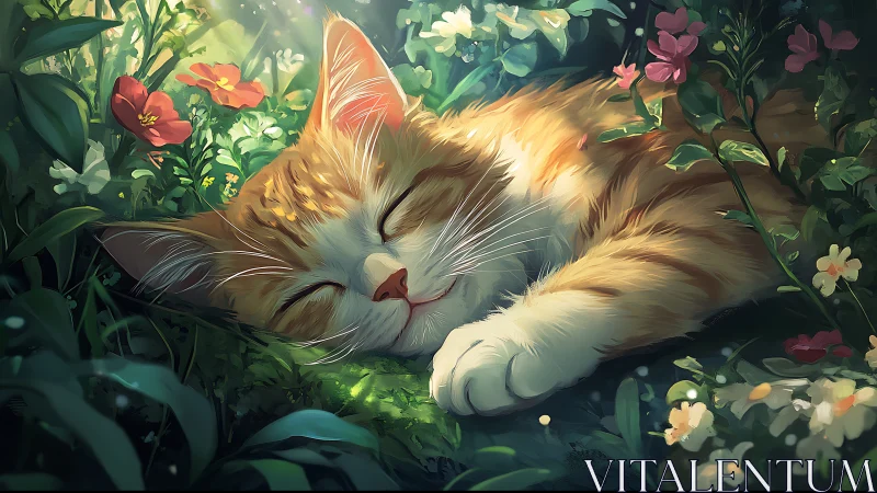 Whiskerbound Bliss: Where Orange Tabby Dreams Meet Garden Serenity