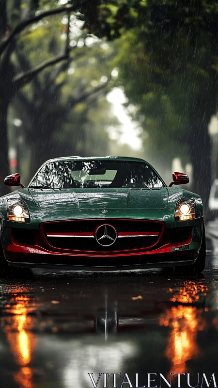 Green Mercedes sports car parked on wet city street in rain.