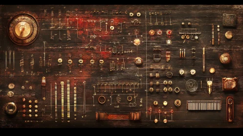 Vintage control panel with arranged mechanical components.