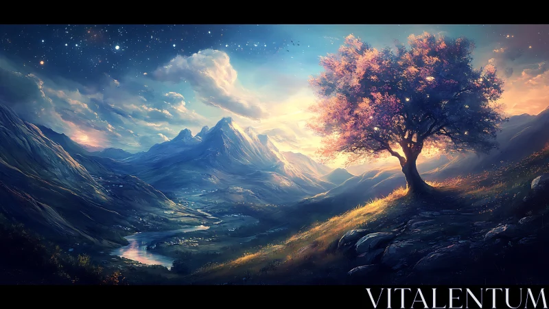Luminous tree crowns a dreamy valley beneath starlit skies.