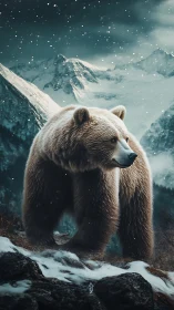 Majestic brown bear surveys frozen alpine mountain pass.