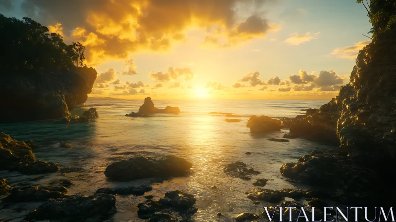 Coastal inlet with rocky cliffs under low sun at horizon.