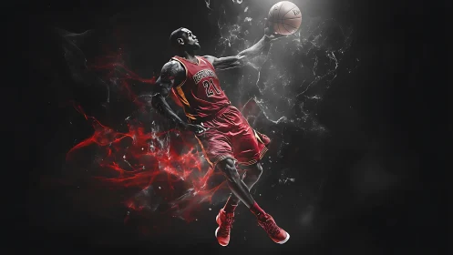 Soaring basketball player glides through swirling smoky light