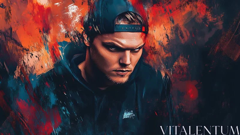 Brooding hooded man in cap amid fiery abstract brushwork.