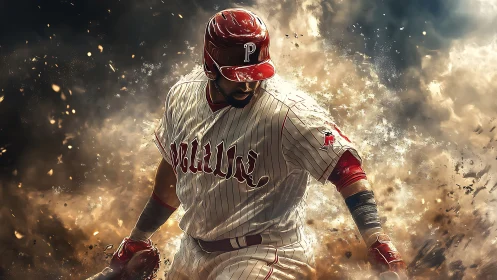 Dynamic baseball batter in explosive dust cloud digital rendering.