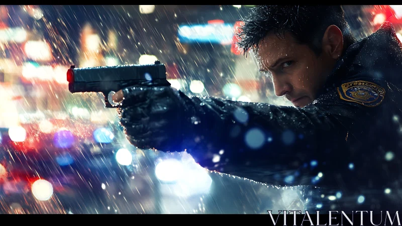 Armed police officer in night rain with neon city bokeh backdrop.