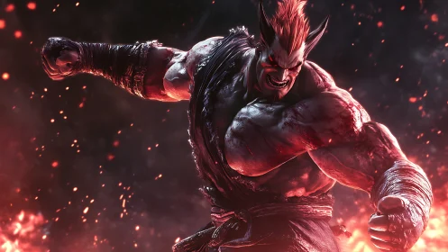 Muscular demon warrior lunges forward amid blazing embers