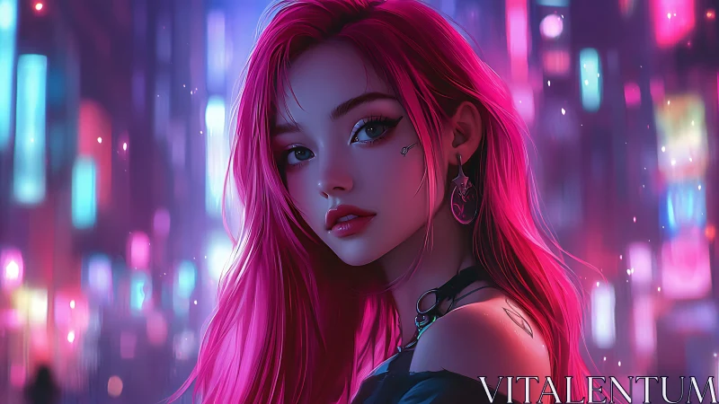 Neon-lit portrait shows pink-haired girl with cyberpunk bokeh city