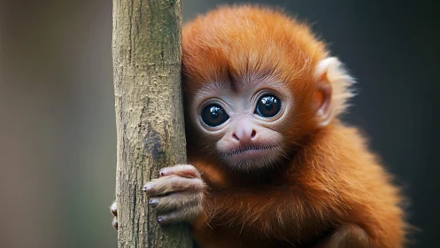 Baby golden monkey clings to tree with wide reflective eyes.