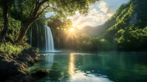 Sunlit waterfall pool in dense green forest landscape.
