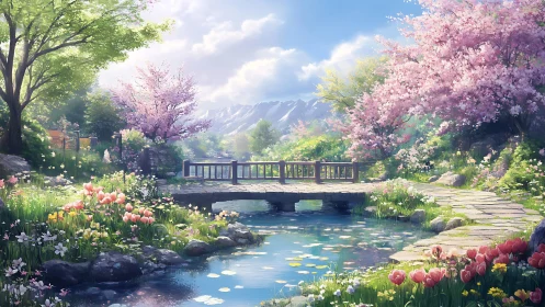 Wooden bridge spans reflective stream in landscaped spring garden