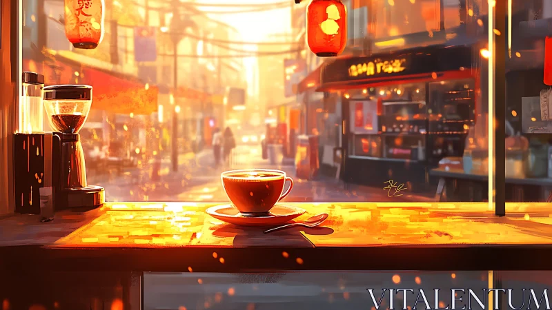 Sunlit city café counter glows with warm amber light.
