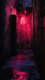 Neon lit urban alleyway with wet reflective pavement.