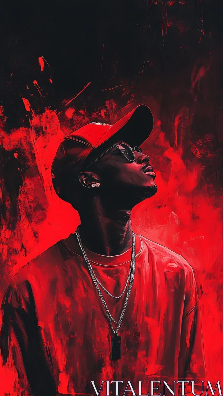 Chromatic portrait of upward gaze in saturated red field.