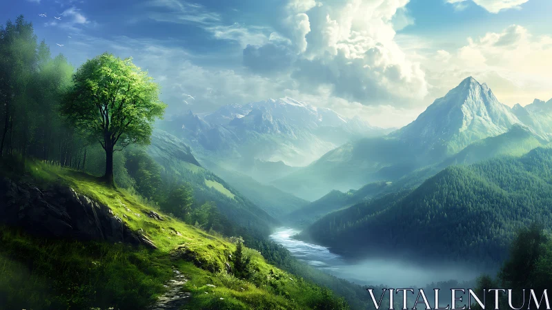 Solitary hillside tree above luminous alpine valley panorama.