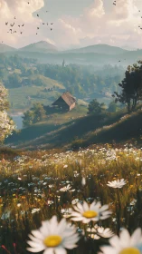 Wildflower hillside overlooks wooden cabin in misty valley