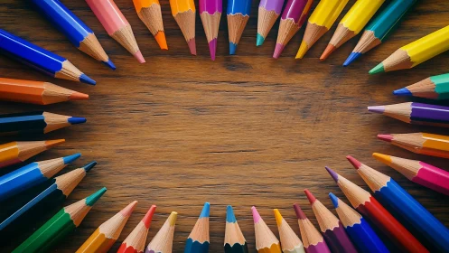 Colored pencil tips arranged in ring on wooden table.