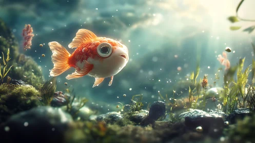 Goldfish with oversized eye swims through lit aquatic plants