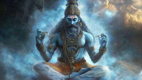 Mythic blue yogi in luminous cloud-suspended meditation field.