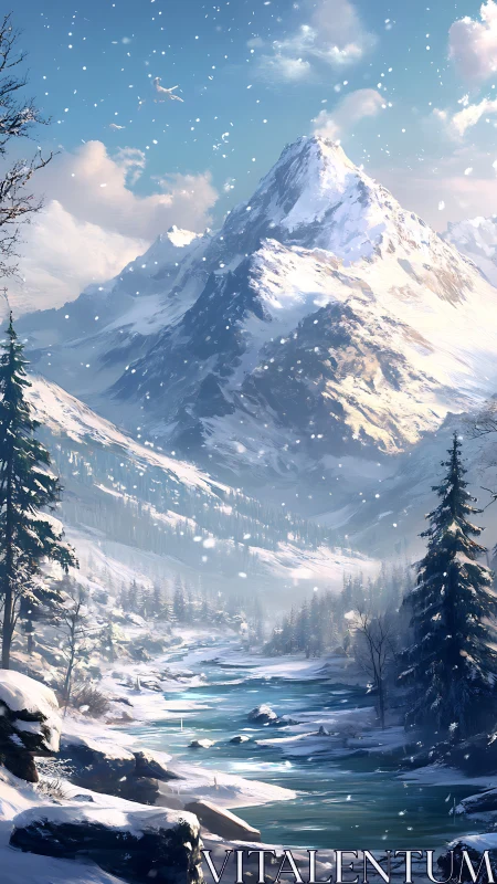 Snow-swept summit dreaming above a turquoise mountain river.