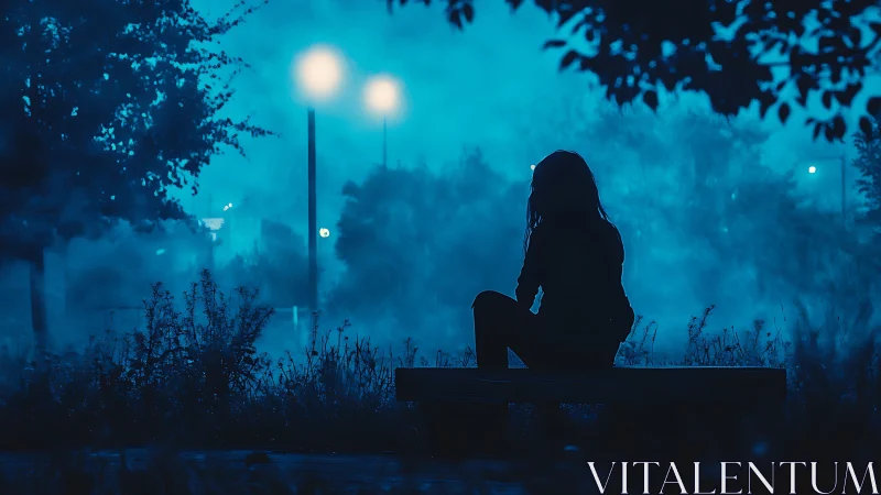 Silhouette of person on bench in blue night park scene.