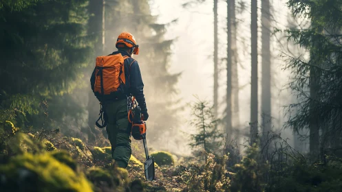 Hiker traversing misty forest path with climbing equipment