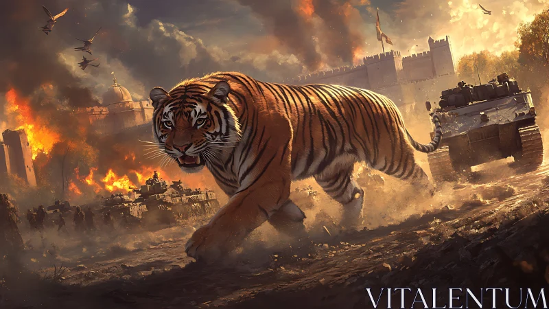 Tiger strides through burning battlefield amid advancing tanks