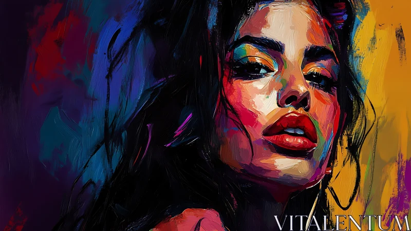 Vivid impasto portrait of woman with neon chromatic contrasts.