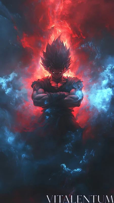 Dark anime warrior surrounded by red and blue energy fields.